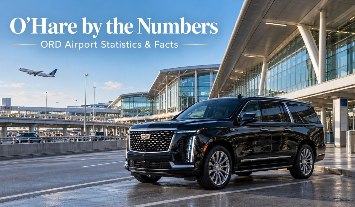 O'Hare airport statistics featured image showing a black 2026 Cadillac Escalade ESV near a modern Chicago O'Hare terminal