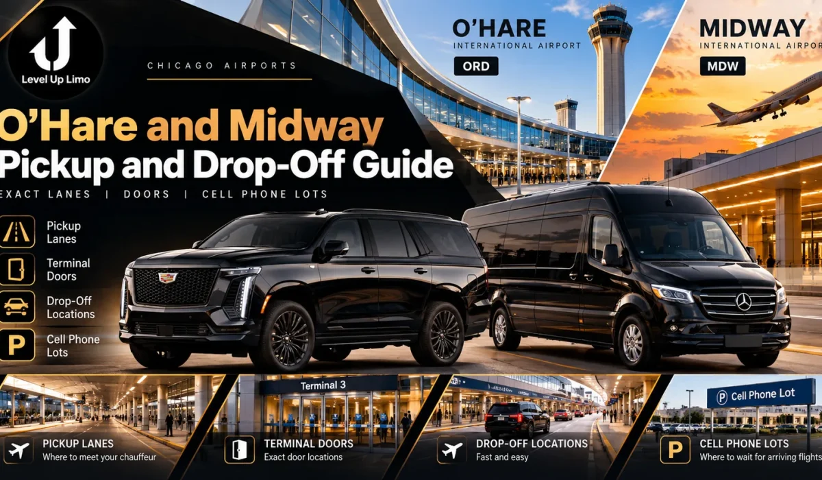 Alt Text: Level Up Limo 2026 Cadillac Escalade and Mercedes-Benz Sprinter at Chicago O’Hare and Midway airports, featuring a pickup and drop-off guide covering terminal doors, chauffeur pickup lanes, and cell phone waiting lots.