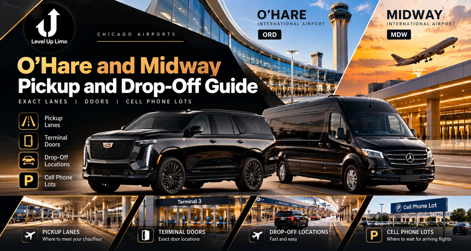 Level Up Limo black Cadillac Escalade outside the Terminal 5 International Arrivals entrance at Chicago O’Hare, with steps for immigration, baggage claim, customs and meeting your driver