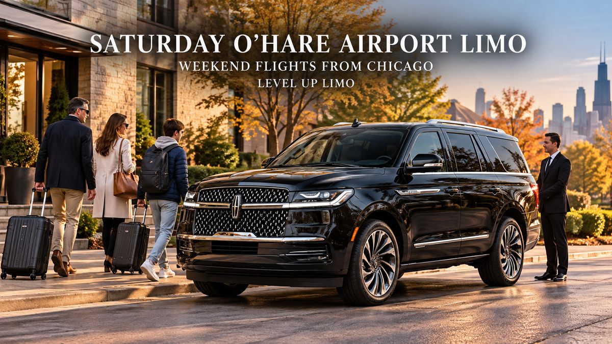 Black Lincoln Navigator with Level Up Limo chauffeur and weekend travelers leaving Chicago’s North Shore for a Saturday O’Hare Airport flight.