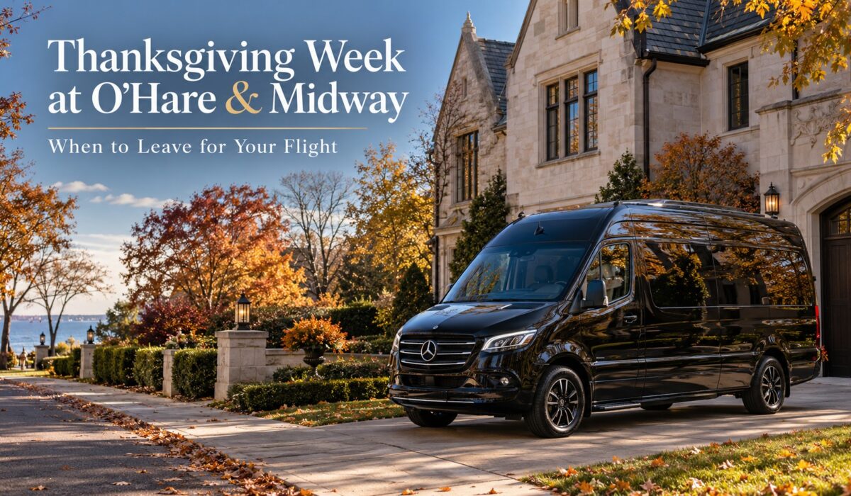 Thanksgiving week at O'Hare and Midway airport travel guide featuring a black Mercedes-Benz Sprinter in a Chicago North Shore neighborhood