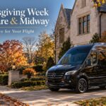 Thanksgiving week at O'Hare and Midway airport travel guide featuring a black Mercedes-Benz Sprinter in a Chicago North Shore neighborhood