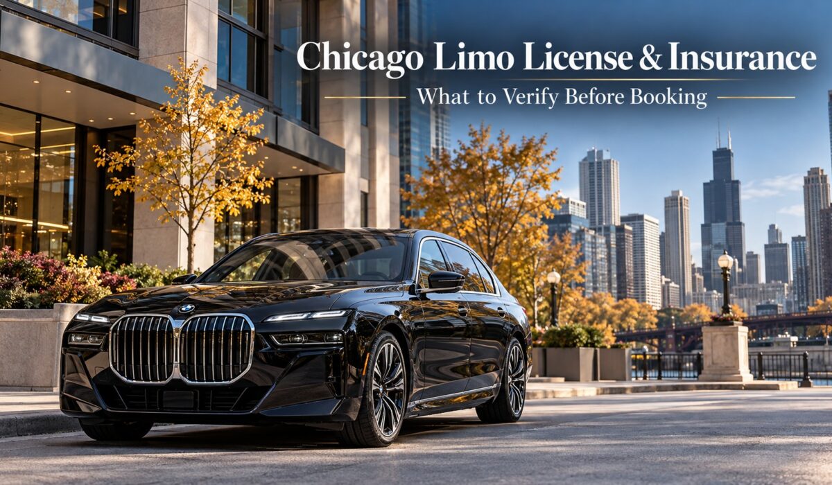 Verify a Chicago limo license and insurance before booking, illustrated by a black BMW 7 Series outside a modern Chicago office building