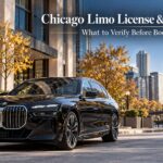 Verify a Chicago limo license and insurance before booking, illustrated by a black BMW 7 Series outside a modern Chicago office building