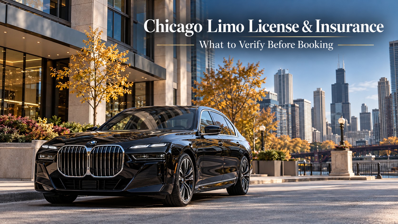 Verify a Chicago limo license and insurance before booking, illustrated by a black BMW 7 Series outside a modern Chicago office building
